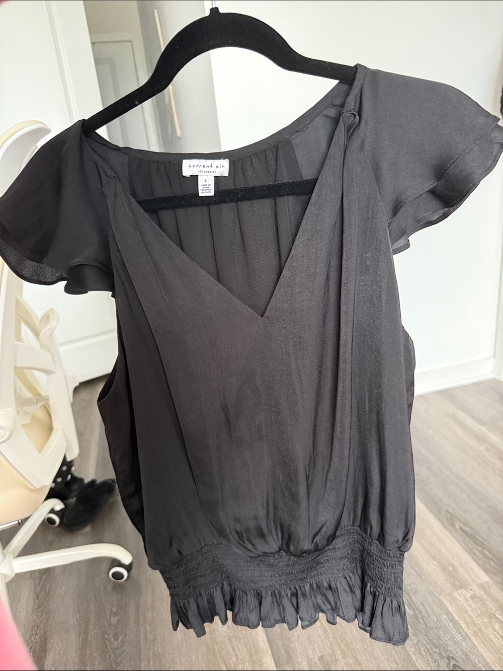 Black V-Neck Flutter Sleeve Women's Top